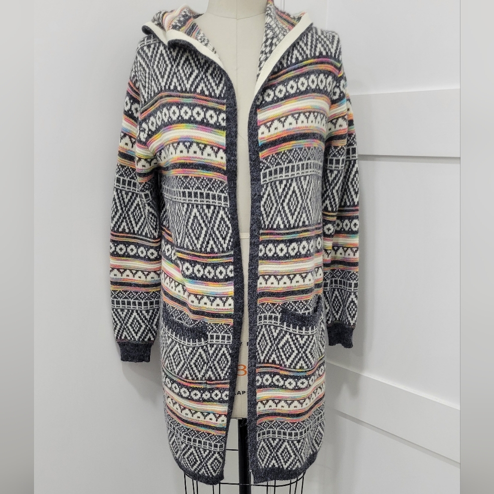 Monteau Los Angeles Hooded Intarsia Knit Duster Cardigan Front Pockets Size M